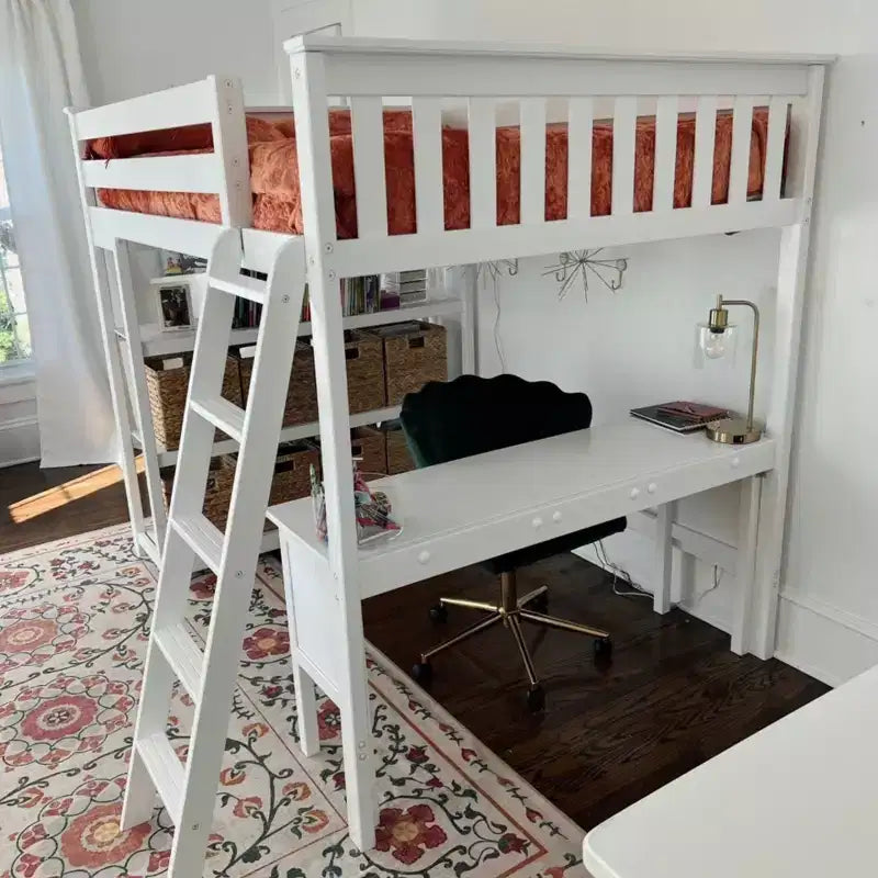 Lit superposé surélevé pleine grandeur Max & Lily avec bureau, échelle et bibliothèque, cadre en bois massif, gain de place, capacité de poids de 181 kg, montage facile