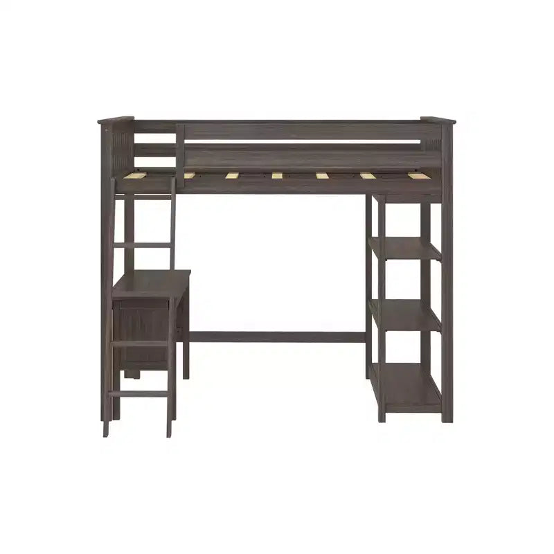 Lit superposé surélevé pleine grandeur Max & Lily avec bureau, échelle et bibliothèque, cadre en bois massif, gain de place, capacité de poids de 181 kg, montage facile