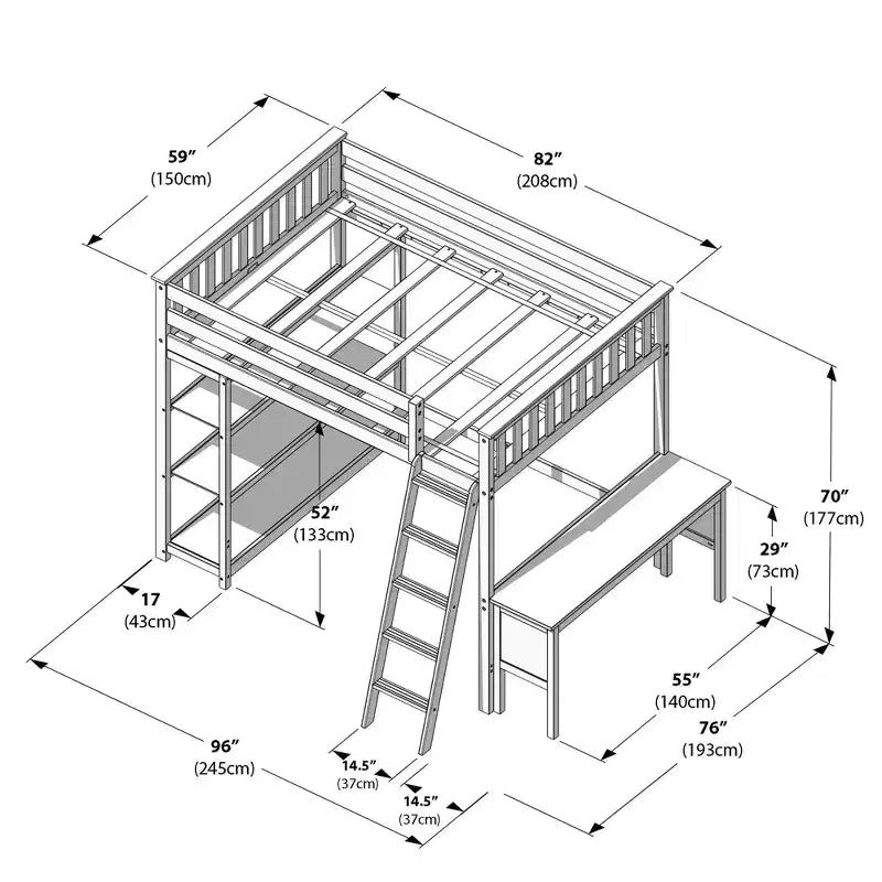 Lit superposé surélevé pleine grandeur Max & Lily avec bureau, échelle et bibliothèque, cadre en bois massif, gain de place, capacité de poids de 181 kg, montage facile