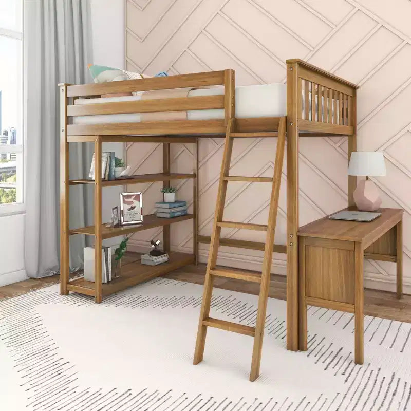 Lit superposé surélevé pleine grandeur Max & Lily avec bureau, échelle et bibliothèque, cadre en bois massif, gain de place, capacité de poids de 181 kg, montage facile