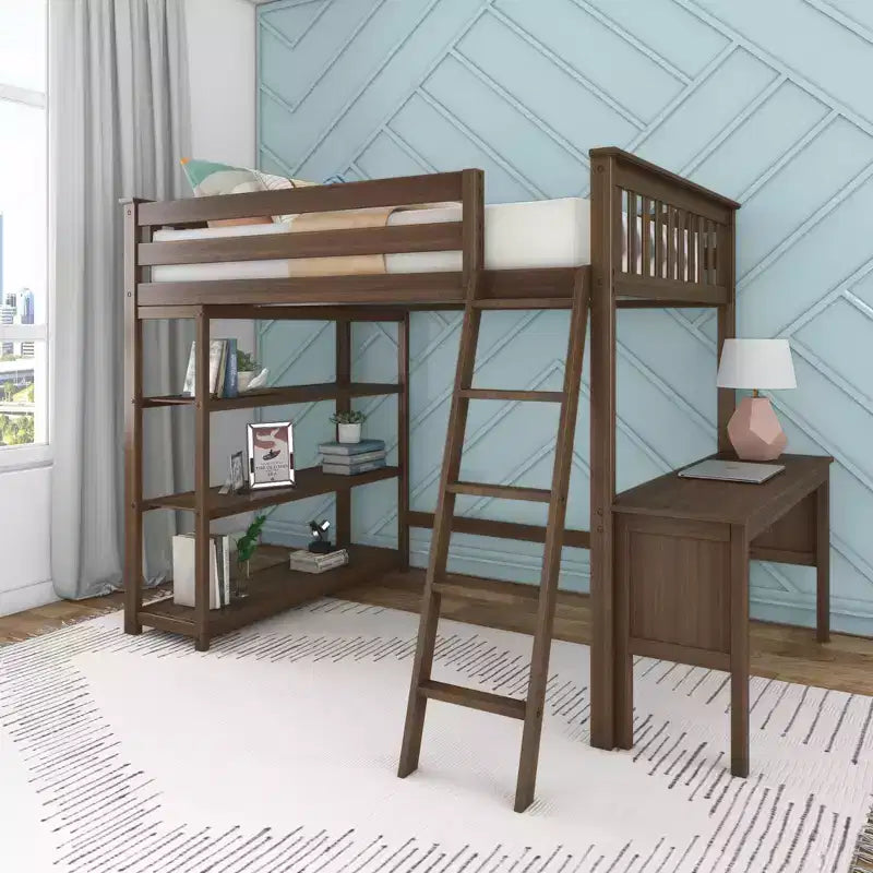 Lit superposé surélevé pleine grandeur Max & Lily avec bureau, échelle et bibliothèque, cadre en bois massif, gain de place, capacité de poids de 181 kg, montage facile
