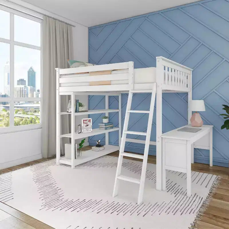 Max & Lily Full Size High Loft Bed with Desk, Ladder and Bookcase, Solid Wood Frame, Space Saving, 400 lbs Weight Capacity, Easy Assembly