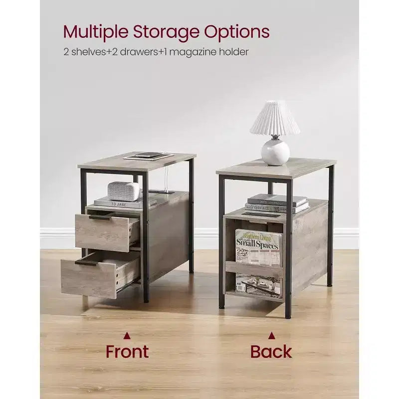 VASAGLE Table d'appoint avec station de charge, Table d'extrémité étroite avec 2 tiroirs, Table de chevet fine avec rangement