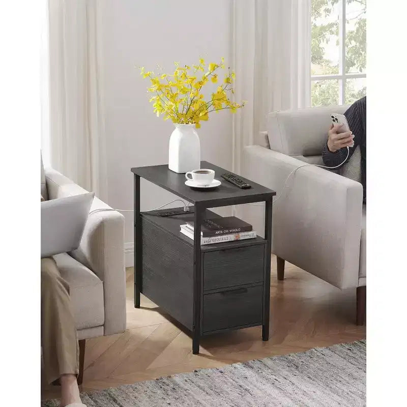 VASAGLE Table d'appoint avec station de charge, Table d'extrémité étroite avec 2 tiroirs, Table de chevet fine avec rangement