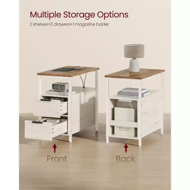 VASAGLE Table d'appoint avec station de charge, Table d'extrémité étroite avec 2 tiroirs, Table de chevet fine avec rangement