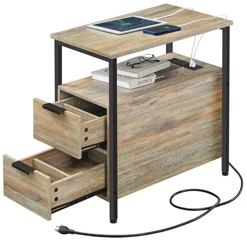 VASAGLE Table d'appoint avec station de charge, Table d'extrémité étroite avec 2 tiroirs, Table de chevet fine avec rangement
