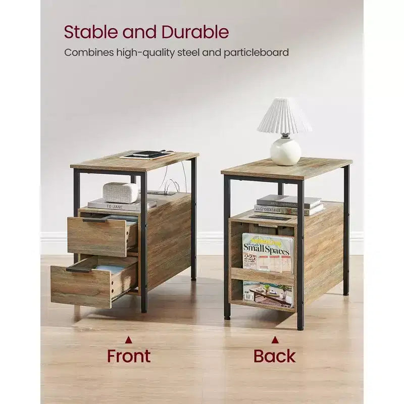VASAGLE Table d'appoint avec station de charge, Table d'extrémité étroite avec 2 tiroirs, Table de chevet fine avec rangement