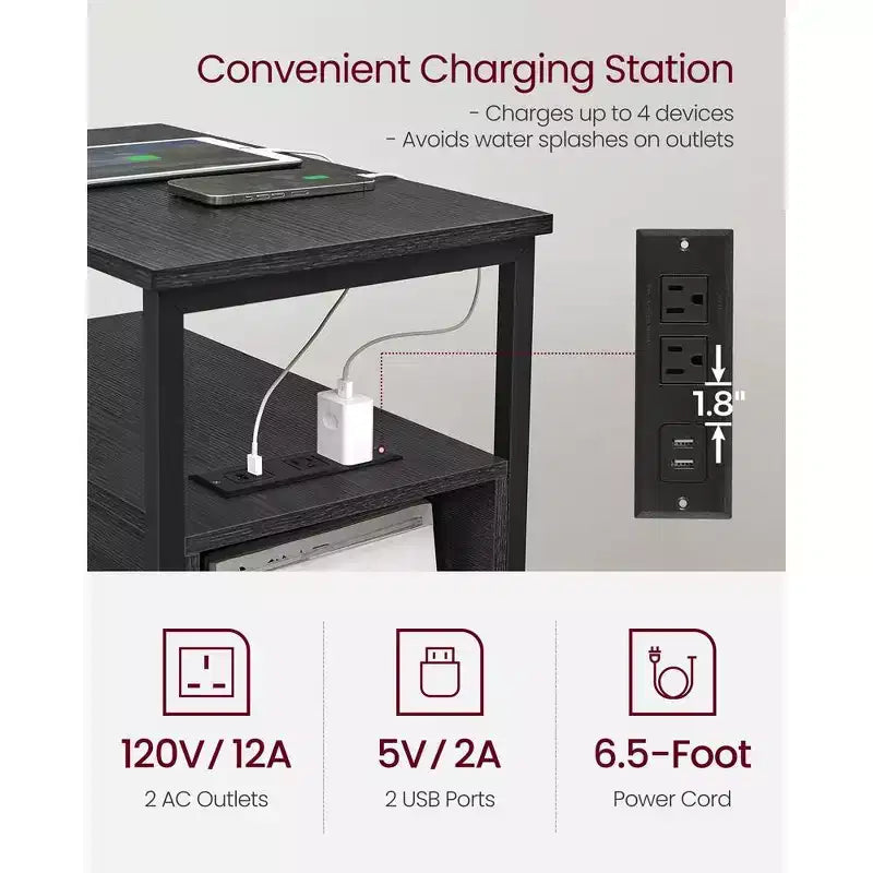 VASAGLE Table d'appoint avec station de charge, Table d'extrémité étroite avec 2 tiroirs, Table de chevet fine avec rangement
