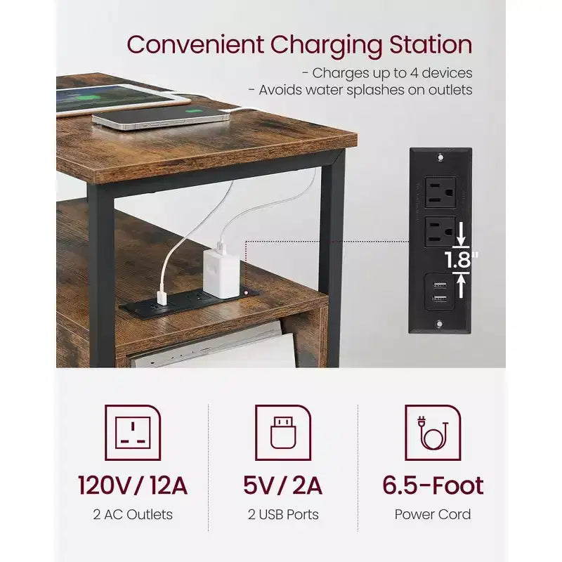 VASAGLE Table d'appoint avec station de charge, Table d'extrémité étroite avec 2 tiroirs, Table de chevet fine avec rangement