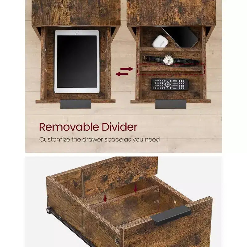 VASAGLE Table d'appoint avec station de charge, Table d'extrémité étroite avec 2 tiroirs, Table de chevet fine avec rangement