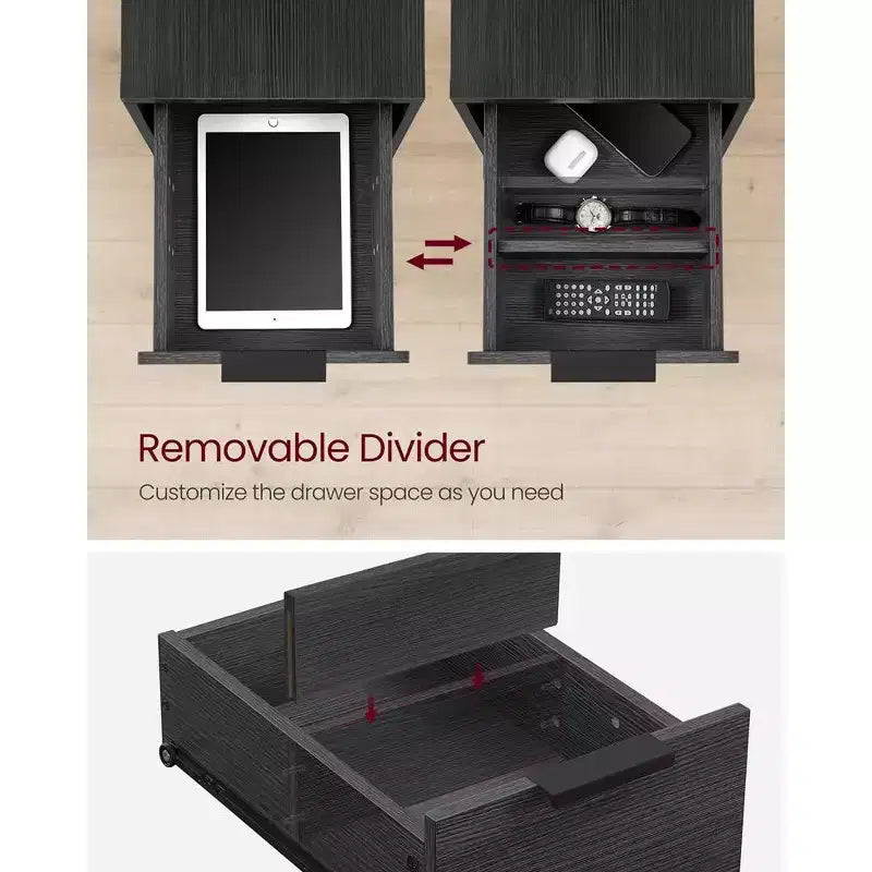 VASAGLE Table d'appoint avec station de charge, Table d'extrémité étroite avec 2 tiroirs, Table de chevet fine avec rangement