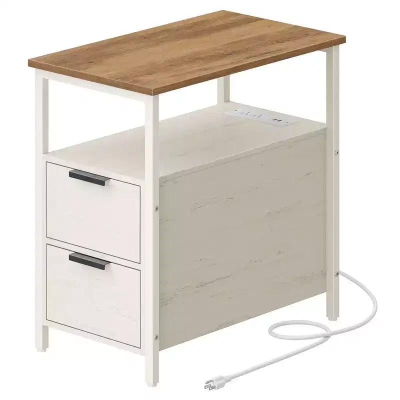 VASAGLE Table d'appoint avec station de charge, Table d'extrémité étroite avec 2 tiroirs, Table de chevet fine avec rangement