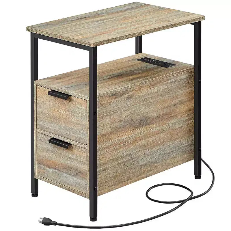 VASAGLE Table d'appoint avec station de charge, Table d'extrémité étroite avec 2 tiroirs, Table de chevet fine avec rangement