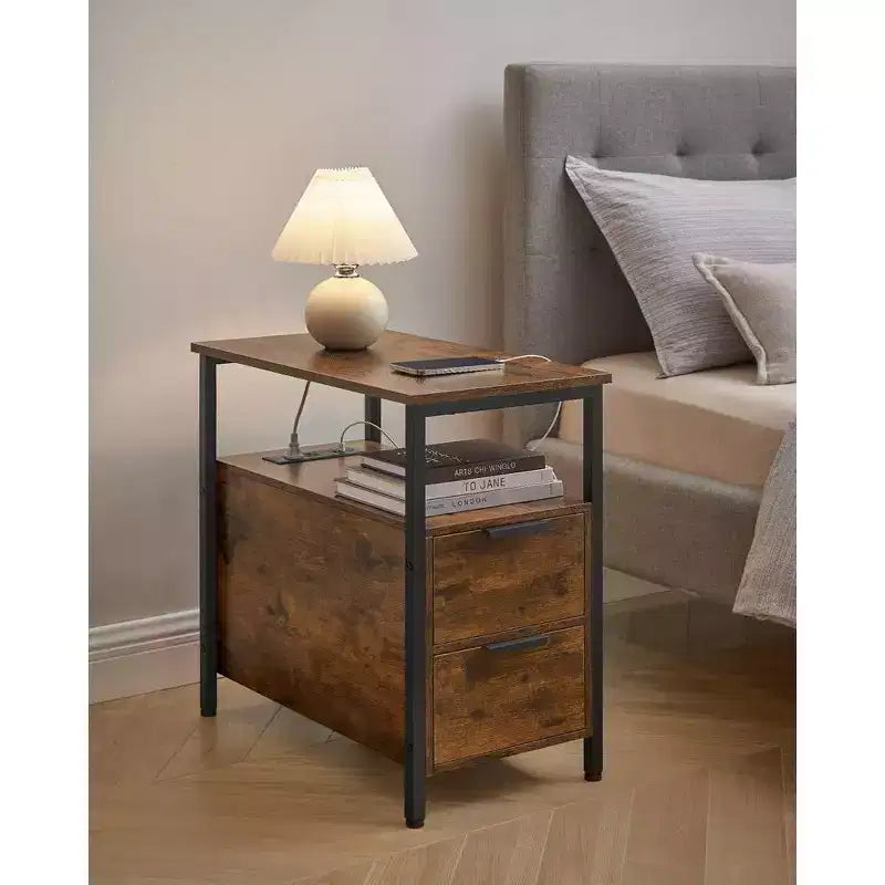 VASAGLE Table d'appoint avec station de charge, Table d'extrémité étroite avec 2 tiroirs, Table de chevet fine avec rangement