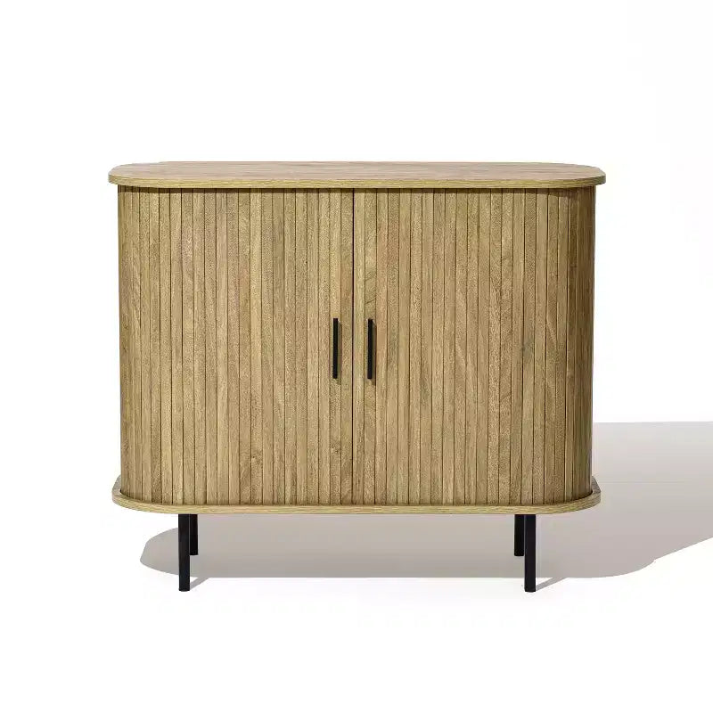 LuxenHome Buffet avec armoire de rangement, armoire d'appoint moderne du milieu du siècle à 2 portes de 35 pouces avec portes coulissantes à lattes et étagère, chêne