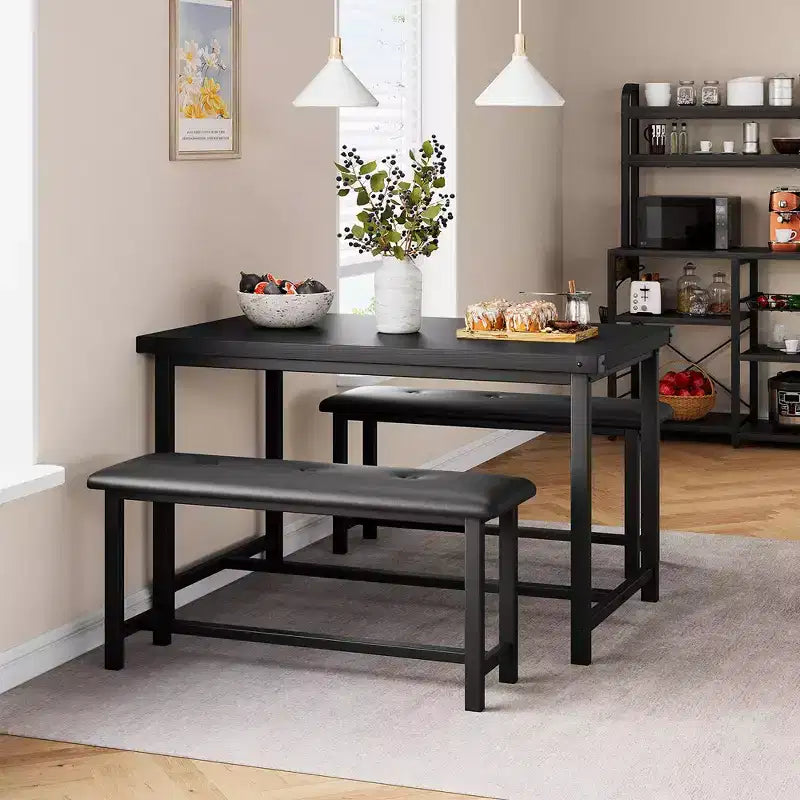 Ensemble table à manger pour 4, Table de cuisine en bois avec 2 bancs rembourrés, pour petits espaces, appartement, studio