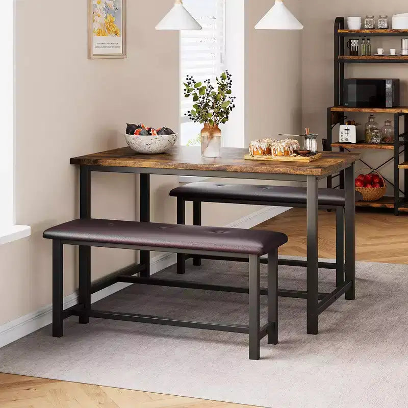 Ensemble table à manger pour 4, Table de cuisine en bois avec 2 bancs rembourrés, pour petits espaces, appartement, studio