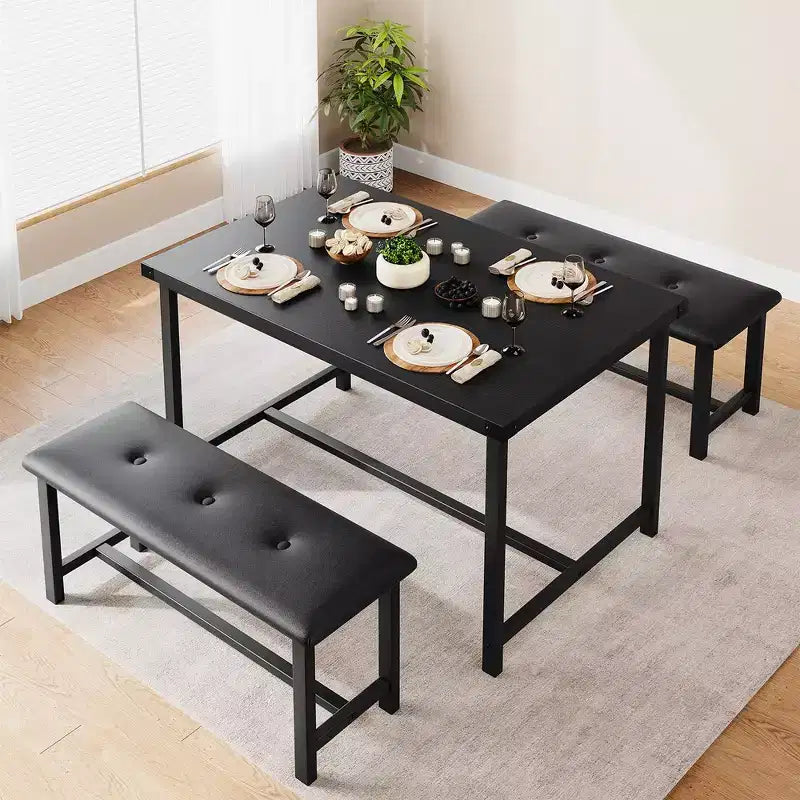 Dining Table Set for 4, Wooden Kitchen Table with 2 Upholstered Benches, for Small Space, Apartment, Studio