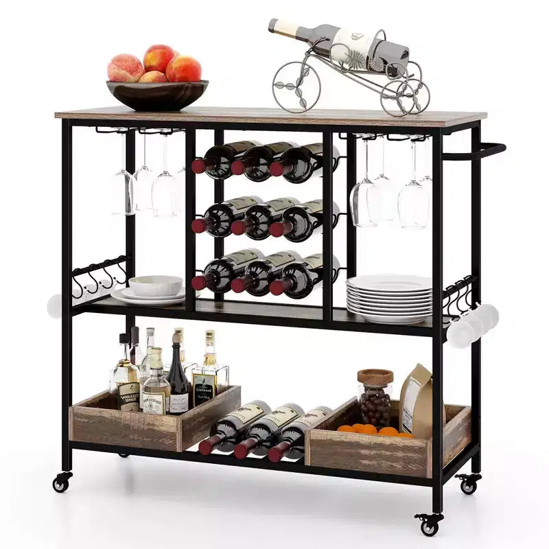 Costway Desserte de Bar à 3 Niveaux, Chariot de Service à Domicile sur Roues avec Porte-Verres et Porte-Bouteilles, Marron Rustique/Marron Vintage