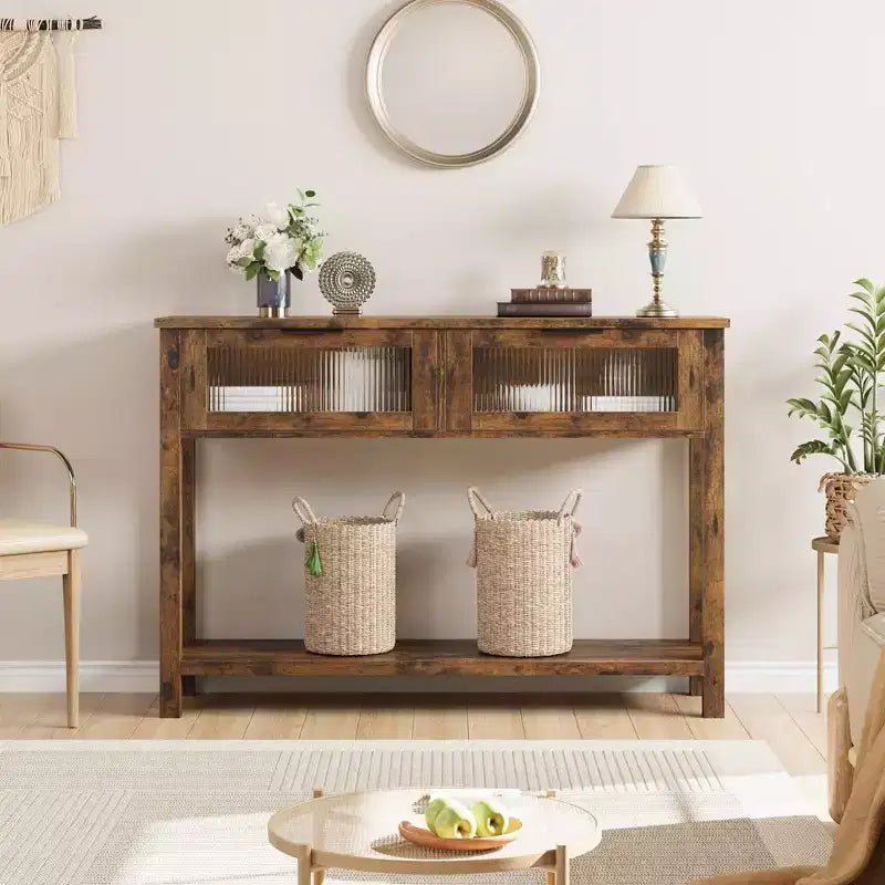 Table d'entrée Whizmax, Console en bois avec 2 tiroirs en verre, Table de canapé à 2 niveaux avec rangement pour salon, Tables de hall pour entrée