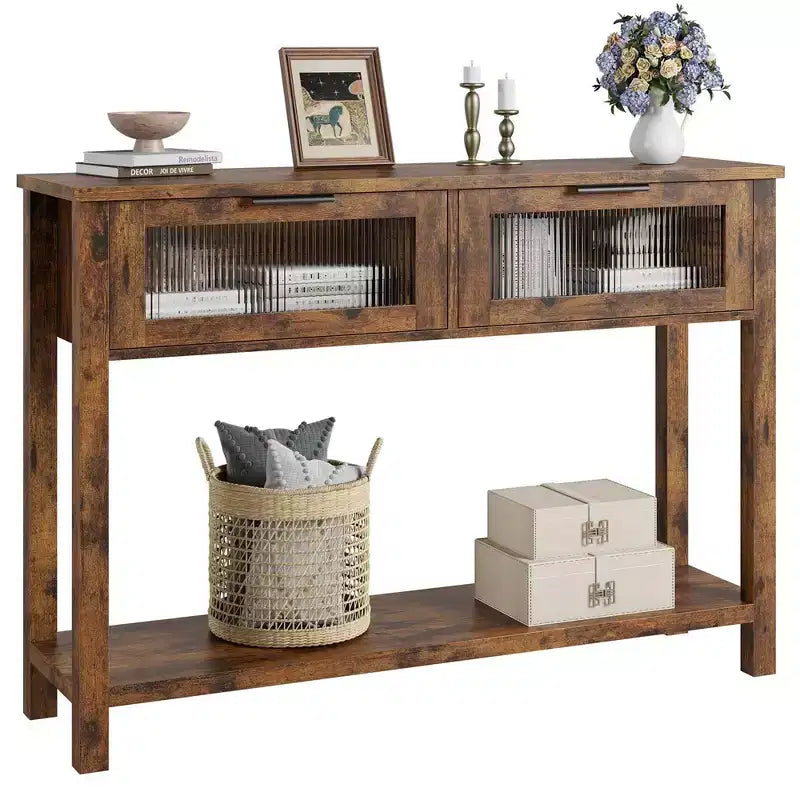 Table d'entrée Whizmax, Console en bois avec 2 tiroirs en verre, Table de canapé à 2 niveaux avec rangement pour salon, Tables de hall pour entrée