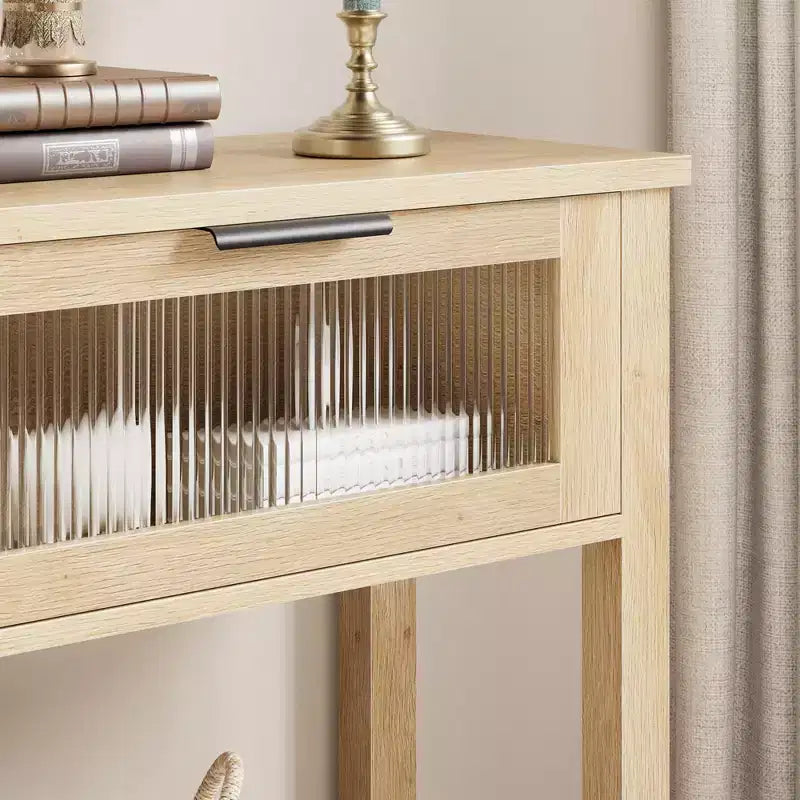 Table d'entrée Whizmax, Console en bois avec 2 tiroirs en verre, Table de canapé à 2 niveaux avec rangement pour salon, Tables de hall pour entrée