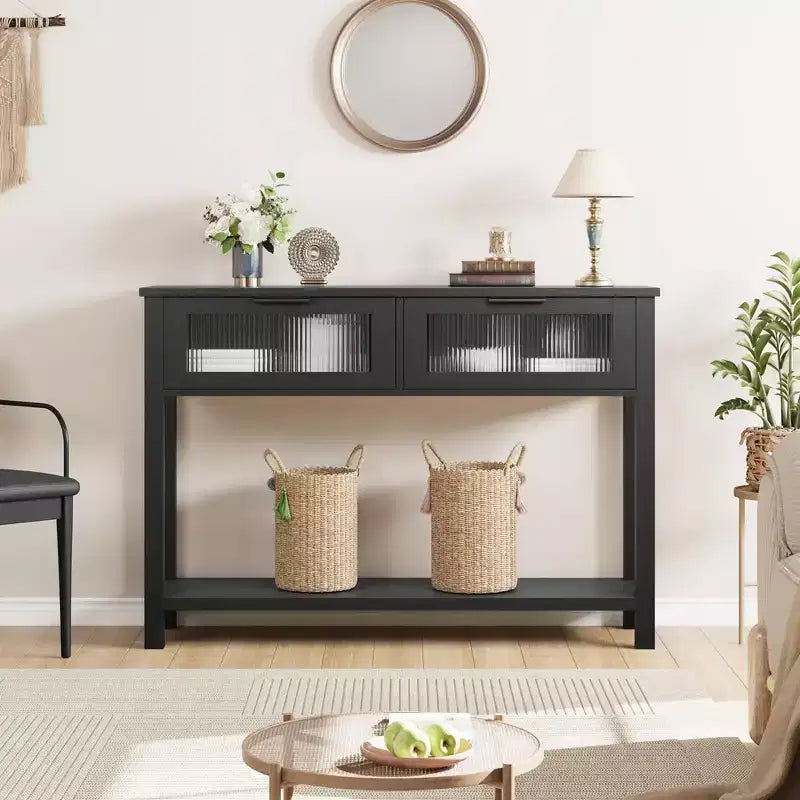 Table d'entrée Whizmax, Console en bois avec 2 tiroirs en verre, Table de canapé à 2 niveaux avec rangement pour salon, Tables de hall pour entrée