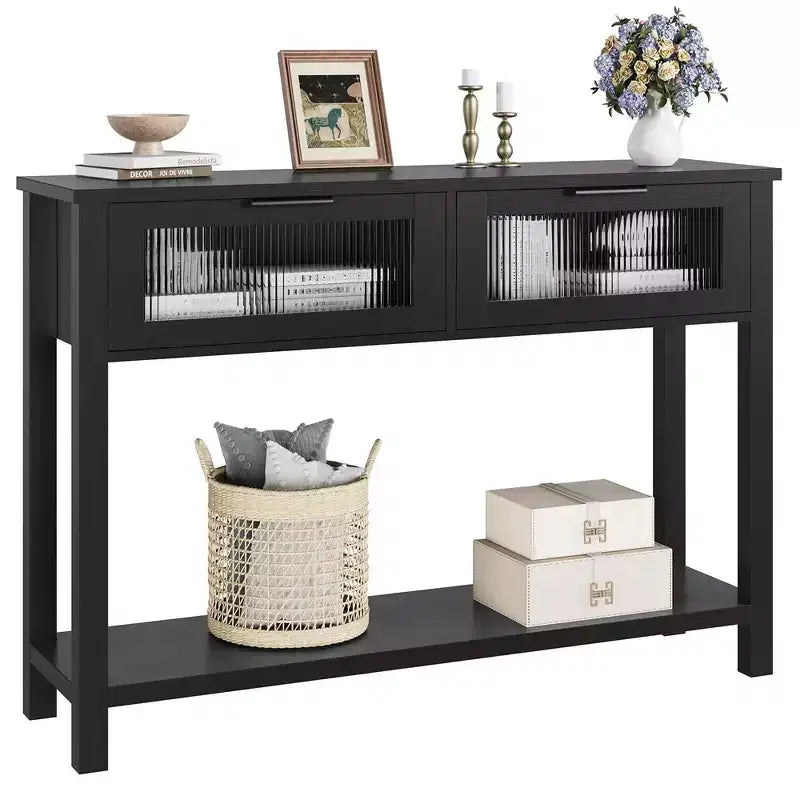 Table d'entrée Whizmax, Console en bois avec 2 tiroirs en verre, Table de canapé à 2 niveaux avec rangement pour salon, Tables de hall pour entrée