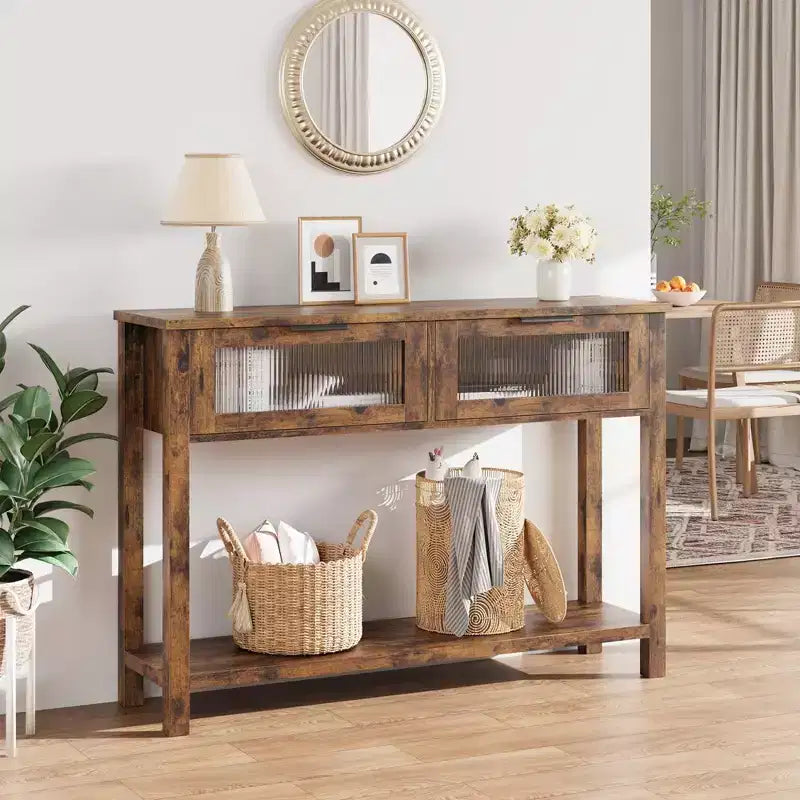 Table d'entrée Whizmax, Console en bois avec 2 tiroirs en verre, Table de canapé à 2 niveaux avec rangement pour salon, Tables de hall pour entrée