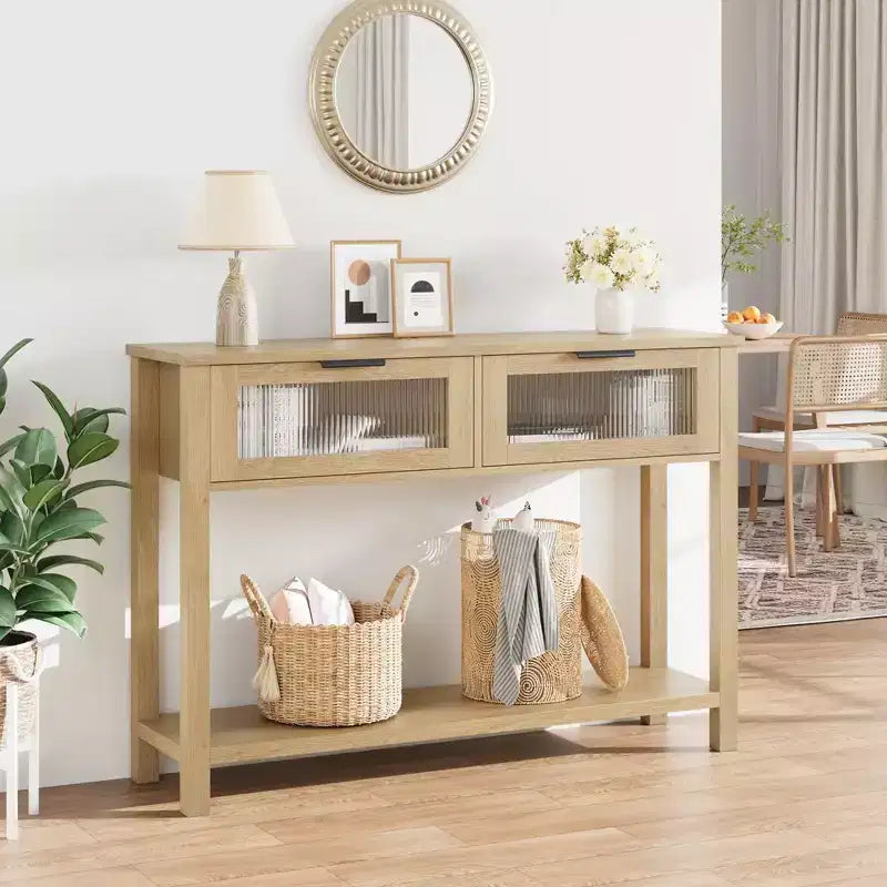 Table d'entrée Whizmax, Console en bois avec 2 tiroirs en verre, Table de canapé à 2 niveaux avec rangement pour salon, Tables de hall pour entrée