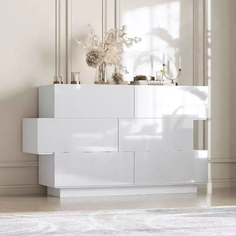 Commode brillante Famapy avec 6 tiroirs, style moderne et contemporain, couleur blanche