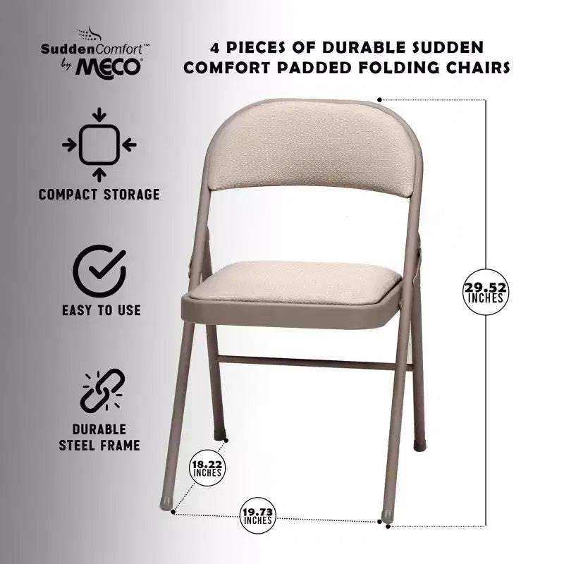MECO Lot de 4 chaises pliantes rembourrées de luxe Sudden Comfort avec assise de 40,6 x 40,6 cm et patins de protection pour les pieds