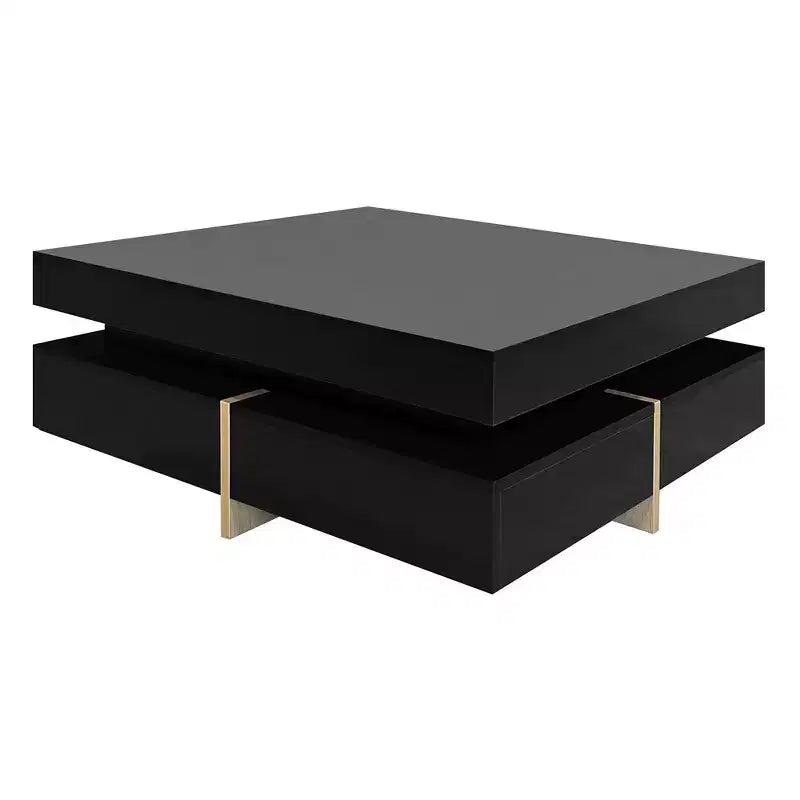Table basse moderne brillante avec 4 tiroirs, table de thé/cocktail carrée multi-rangements, table d'appoint, abstraite, noire, 80 cm, 0,8 m