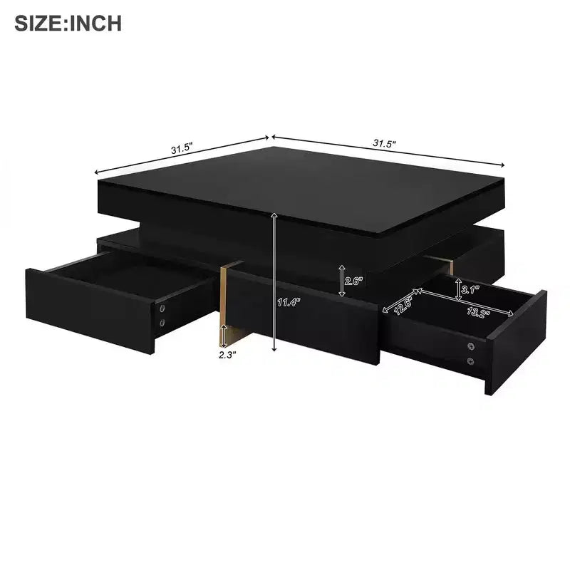 Table basse moderne brillante avec 4 tiroirs, table de thé/cocktail carrée multi-rangements, table d'appoint, abstraite, noire, 80 cm, 0,8 m