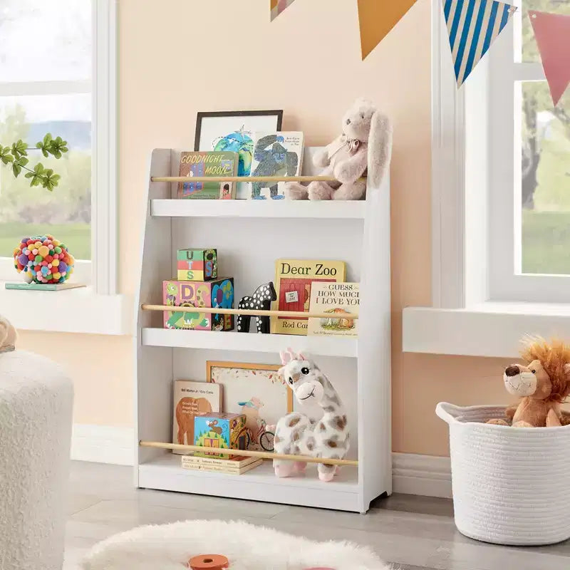 Danya B Étagère de rangement autoportante à 3 niveaux pour livres ou magazines pour enfants, blanche, avec tiges contrastantes couleur bois