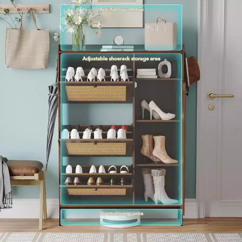 Meuble à chaussures autoportant en rotin couleur bois naturel avec 3 tiroirs basculants, Organisateur autoportant avec étagères réglables pour entrée, couloir