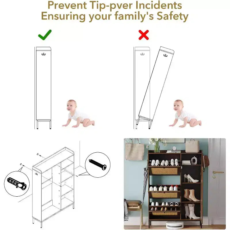 Meuble à chaussures autoportant en rotin couleur bois naturel avec 3 tiroirs basculants, Organisateur autoportant avec étagères réglables pour entrée, couloir