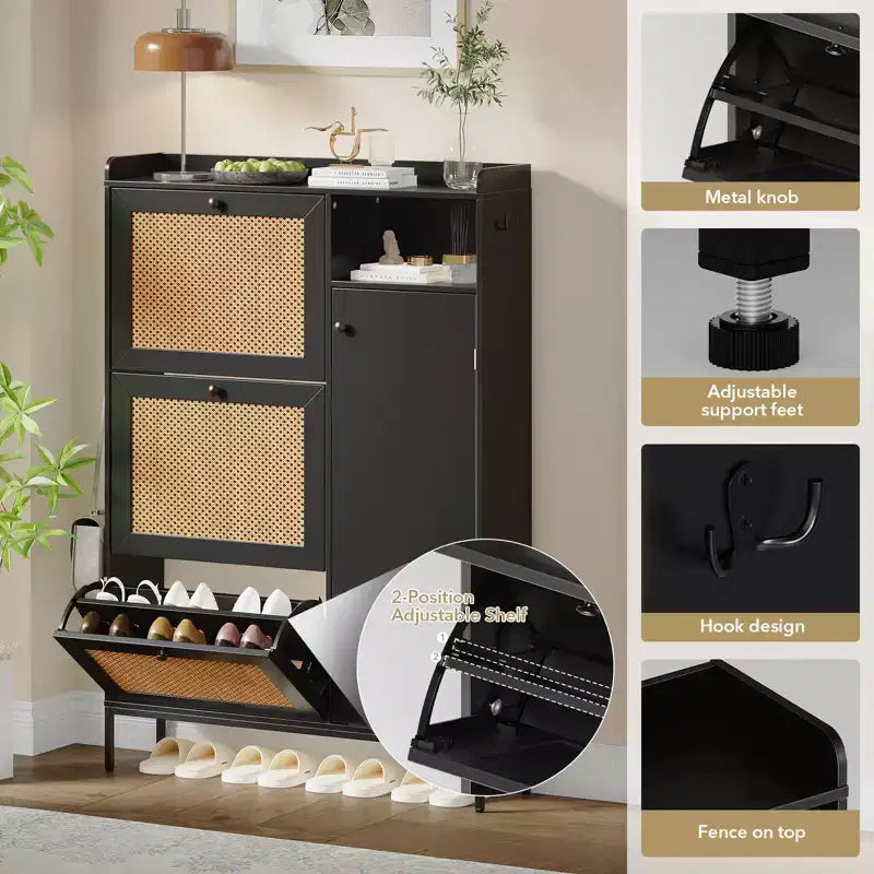 Meuble à chaussures autoportant en rotin couleur bois naturel avec 3 tiroirs basculants, Organisateur autoportant avec étagères réglables pour entrée, couloir