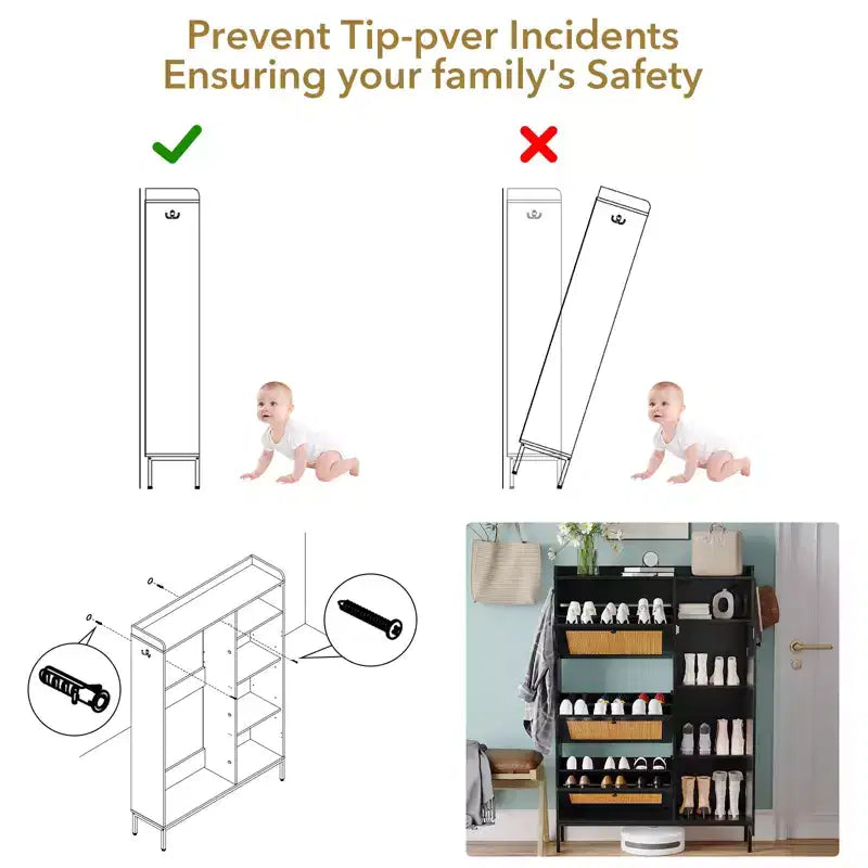 Meuble à chaussures autoportant en rotin couleur bois naturel avec 3 tiroirs basculants, Organisateur autoportant avec étagères réglables pour entrée, couloir