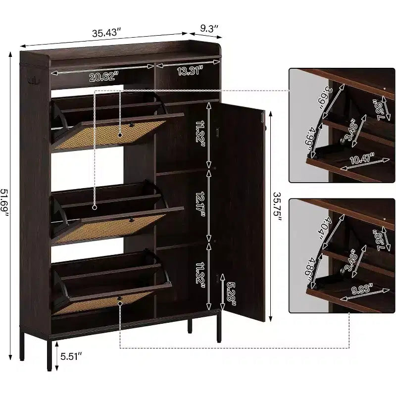Meuble à chaussures autoportant en rotin couleur bois naturel avec 3 tiroirs basculants, Organisateur autoportant avec étagères réglables pour entrée, couloir