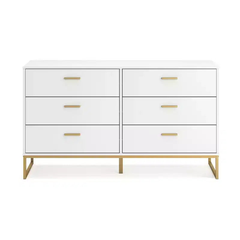 Commode 6 tiroirs Ashley Socalle Signature Design, Blanc avec ferrures dorées, Style chic moderne