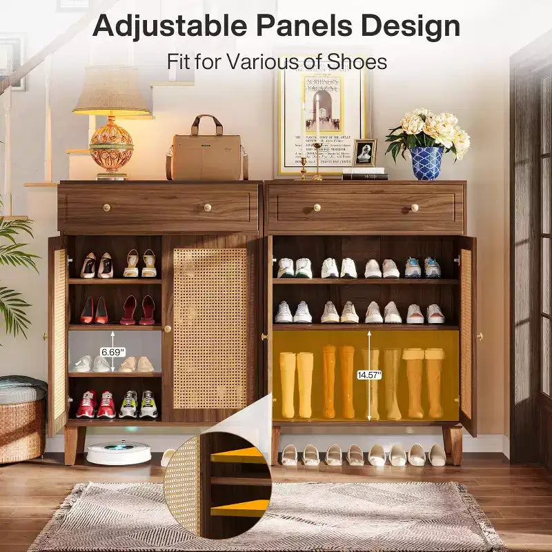 Meuble à chaussures Lantine avec tiroir, meuble de rangement pour chaussures avec étagère réglable, organisateur de chaussures en rotin pour entrée, couloir, salon