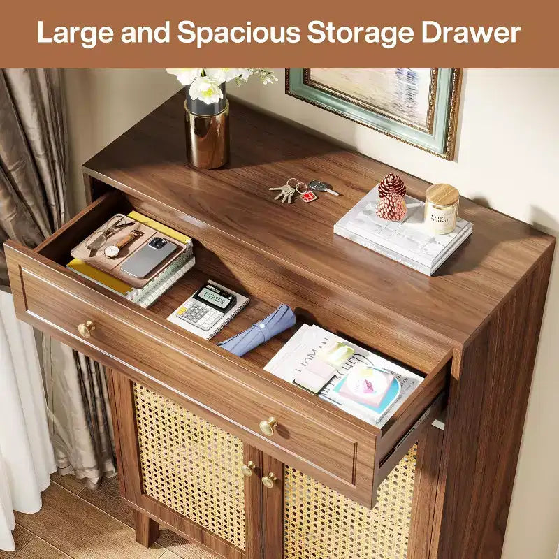 Meuble à chaussures Lantine avec tiroir, meuble de rangement pour chaussures avec étagère réglable, organisateur de chaussures en rotin pour entrée, couloir, salon