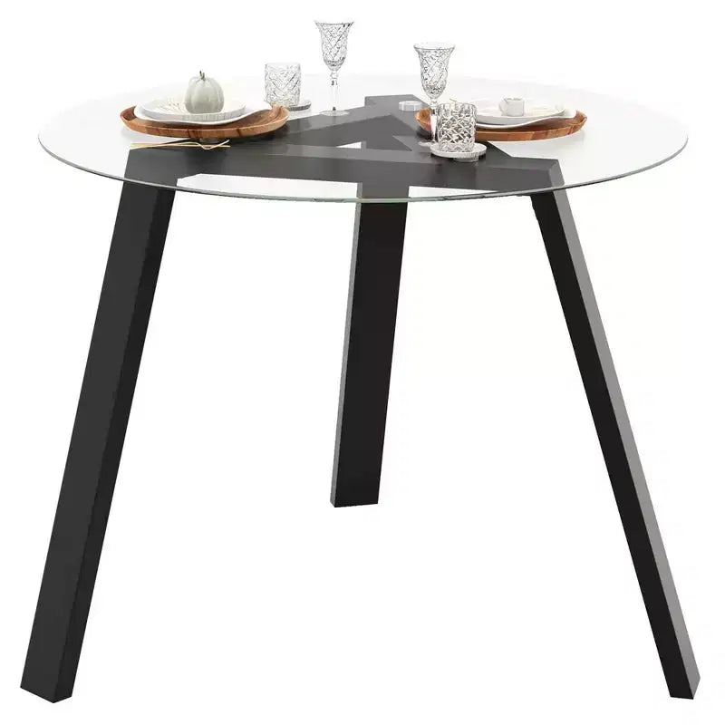Costway Table à manger ronde en verre 36" pour 4 avec plateau en verre trempé et cadre en bois d'hévéa naturel/noir