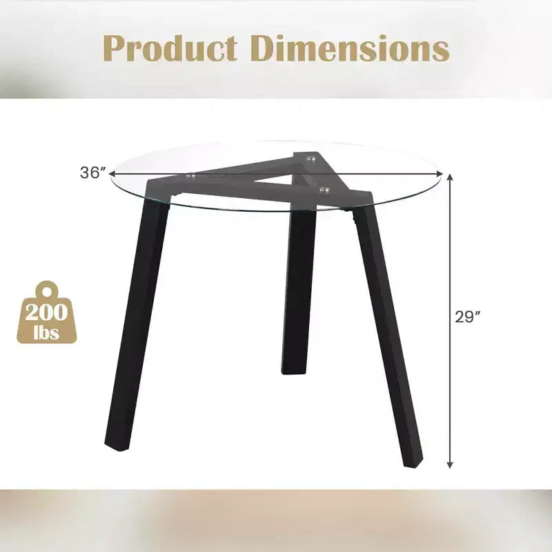 Costway Table à manger ronde en verre 36" pour 4 avec plateau en verre trempé et cadre en bois d'hévéa naturel/noir