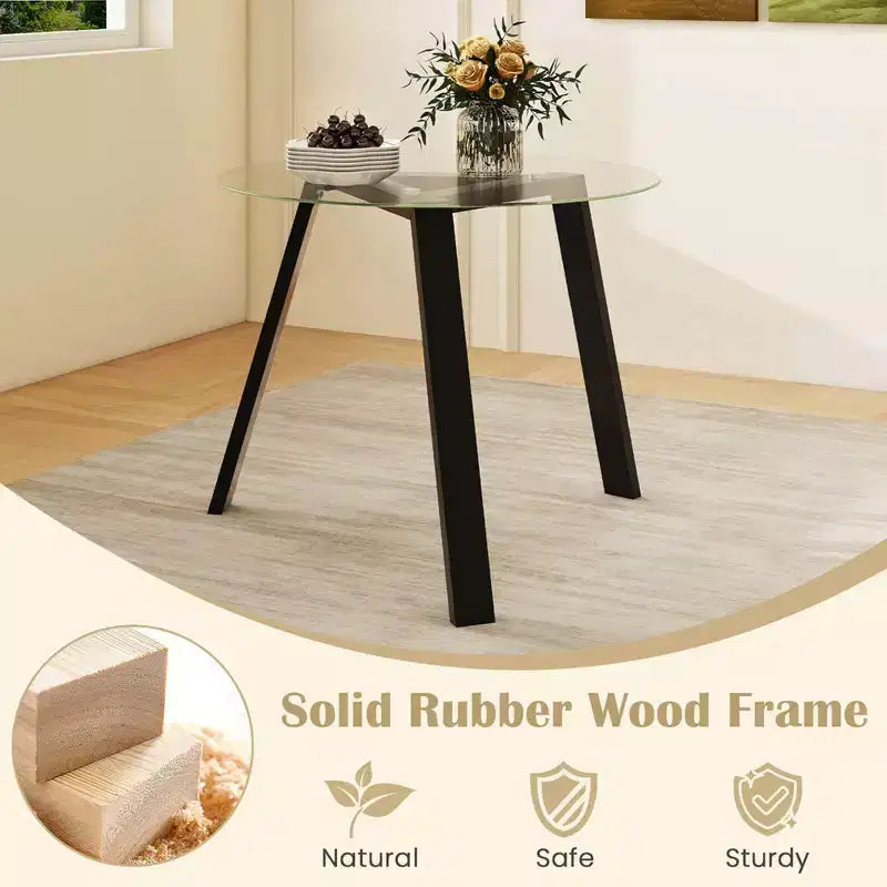 Costway Table à manger ronde en verre 36" pour 4 avec plateau en verre trempé et cadre en bois d'hévéa naturel/noir