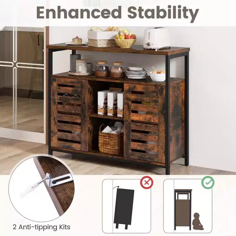 Meuble de rangement Costway : Buffet industriel avec porte à lattes à ouverture par simple pression
