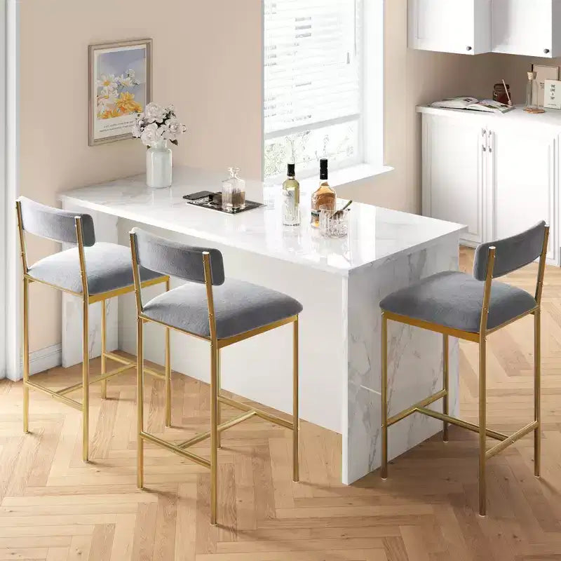 Lot de 2 tabourets de bar, tabourets de bar de cuisine avec repose-pieds, tabourets de bar hauteur comptoir en velours, chaises de bar pour îlot de cuisine, comptoir, gris-doré