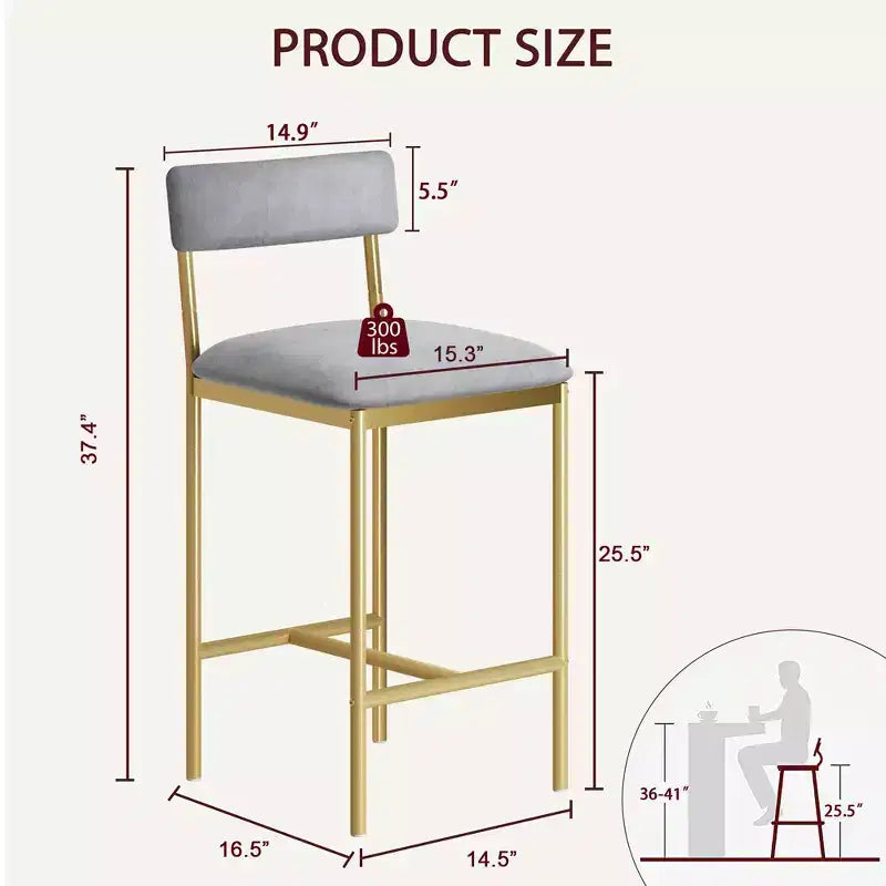 Lot de 2 tabourets de bar, tabourets de bar de cuisine avec repose-pieds, tabourets de bar hauteur comptoir en velours, chaises de bar pour îlot de cuisine, comptoir, gris-doré