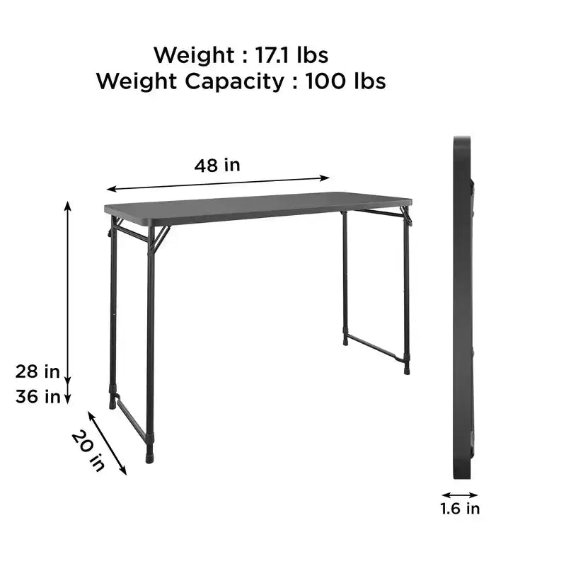 Table utilitaire pliante COSCO 20 x 48 à hauteur réglable en résine, noire